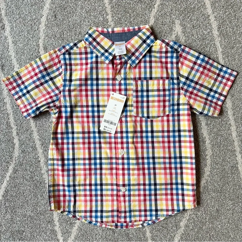 Gymboree Primary Color Plaid Short Sleeve Button Down Shirt 3T